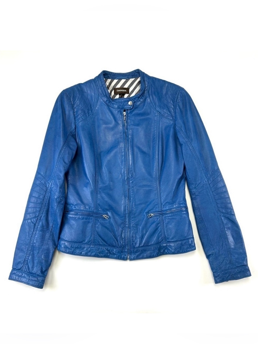 Danier blue leather moto style leather womens bomber jacket size Small